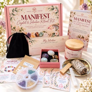 Manifestationsset für Anfänger | Kristallgeschenkbox mit Kerze, DIY-Kristallarmband, Intentionenkarten & Reinigungsritual