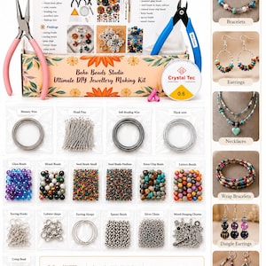 Op de afbeelding: DIY sieradenmaakset met gereedschap, kralen en instructies. Inclusief tangen, draad en diverse kralen voor het maken van armbanden, oorbellen en kettingen. De set maakt 9 unieke stukken en meer dan 20 items.