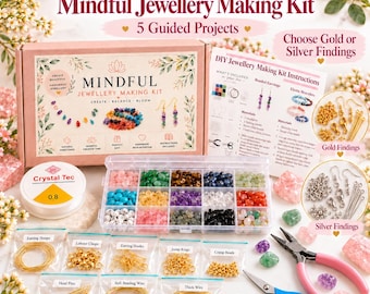 May include: A Mindful Jewellery Making Kit box with a clear plastic organizer filled with assorted gemstone beads, a spool of 0.8 Crystal Tec wire, jewelry pliers, scissors, gold and silver findings, and instruction sheets.