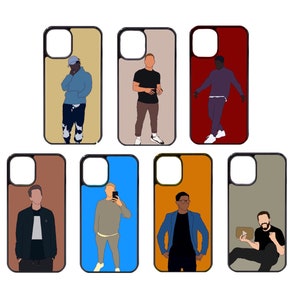 Puede incluir: Conjunto de ocho fundas para teléfono con diferentes diseños que presentan personas en varias poses. Cada funda tiene un borde negro y un fondo de color diferente.