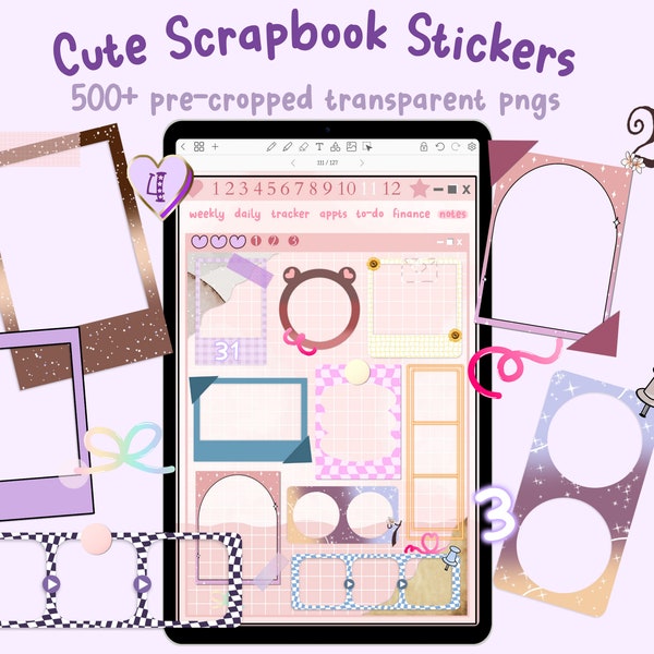 Cute scrapbook stickers, pre-cropped, transparent pngs, journal frames, planner stickers, goodnotes stickers, cute stickers, kawaii, vintage