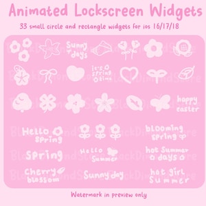 May include: A pink background with 33 white animated icons for a phone lockscreen. The icons are small circles and rectangles with spring and summer themes. The text "Sunny days", "It's a spring time", "Happy Easter", "Hello Spring", "Spring", "Cherry blossom", "Sunny day", "Blooming spring", "Hot Summer days", "Hot girl Summer" is included in the icons.