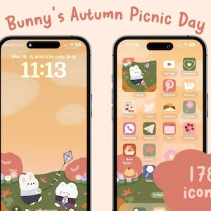 Bunny Autumn Picnic icon set, Hand drawn icons, ios and android set, homescreen theme, wallpaper, widgets, kawaii, fall, bunny, icons