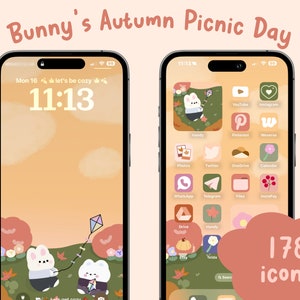 Bunny Autumn Picnic icon set, Hand drawn icons, ios and android set, homescreen theme, wallpaper, widgets, kawaii, fall, bunny, icons