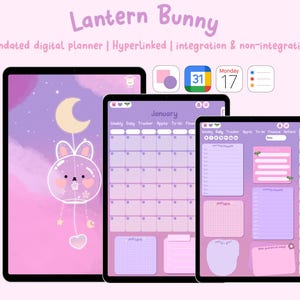 May include: A digital planner with a purple and pink color scheme featuring a cartoon lantern bunny. The planner includes a monthly calendar, weekly tracker, daily tracker, to-do list, and notes sections. The planner is undated and hyperlinked.