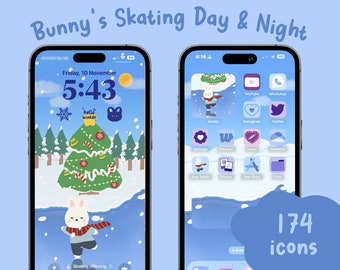 Bunny skating day & night icon set, Hand drawn icons, ios and android set, homescreen theme, wallpaper, widgets, kawaii, bunny, snow, icons