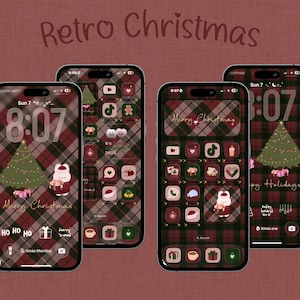 Puede incluir: Cuatro smartphones con un tema navideño retro. Cada pantalla muestra un patrón de cuadros rojos, verdes y blancos. Las pantallas muestran árboles de Navidad, cajas de regalo y los textos "Merry Christmas" y "Happy Holidays". El texto "Retro Christmas" está en la parte superior.