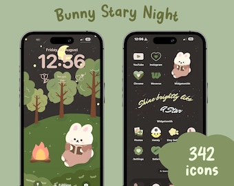 Bunny Stary Night Icon Set: Kawaii iOS & Android Theme (Digital Download)