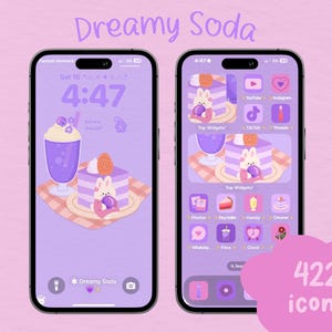 Könnte beinhalten: Zwei Smartphones mit einem passenden lila Thema mit dem Text "Dreamy Soda". Der Sperrbildschirm zeigt eine Abbildung von Milchshake und Kuchen. Der Startbildschirm zeigt App-Symbole und eine Grafik von Kuchen und Milchshake. Eine rosa Blase zeigt "422 Icons."