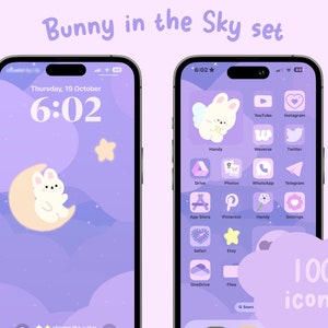Set di icone Bunny in the sky, icone disegnate a mano, set iOS e Android, tema schermata iniziale, sfondo, widget, kawaii, viola, bunny, cielo, icone