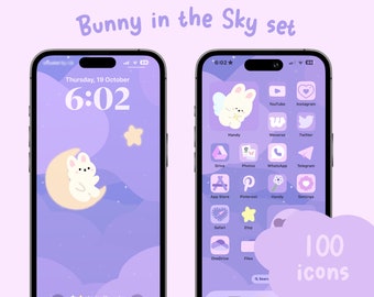 Bunny in the sky icon set, Hand drawn icons, ios and android set, homescreen theme, wallpaper, widgets, kawaii, purple, bunny, sky, icons