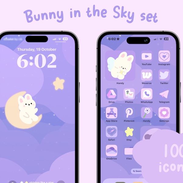 Bunny in the sky icon set, Hand drawn icons, ios and android set, homescreen theme, wallpaper, widgets, kawaii, purple, bunny, sky, icons