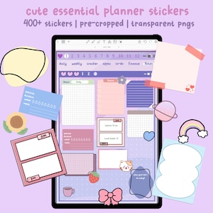 May include: A digital planner screen with a purple background and a variety of stickers, including a sunflower, a rainbow, a cat, a strawberry, a cup of coffee, a bow, and a planet. The planner has a daily, weekly, tracker, apps, to-do, finance, and notes section. The text on the screen reads "cute essential planner stickers 400+ stickers | pre-cropped | transparent pngs".