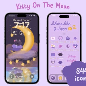 Kitty auf dem Mond Icons Set: Kawaii iOS & Android Theme (Digitaler Download)