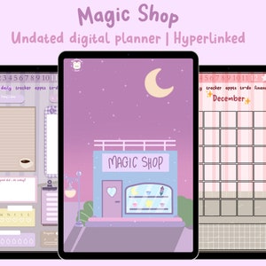 May include: A digital planner with a purple and pink color scheme. The planner features a cartoon illustration of a shop with a sign that says "Magic Shop". The planner includes a weekly and daily tracker, a calendar, and a notes section.