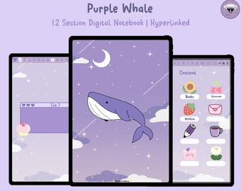 Purple Whale Digital Notebook, Hyperlinked, Kawaii Study Planner (Goodnotes Template)