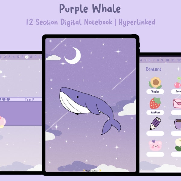 Purple Whale Digital Notebook, Hyperlinked, Goodnotes Template, android Template, Study Planner, Journal, notebook, Kawaii, Purple