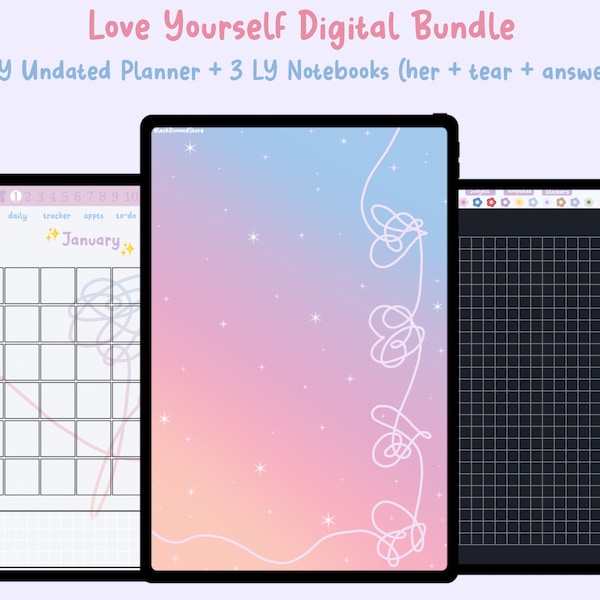 Love Yourself Digital Planner & Notebook Bundle, LY Her, Tear, Answer, kawaii stickers, precropped, Goodnotes Planner, Journal, Bangtan