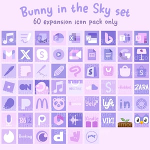 May include: A set of 60 purple and white icons for social media apps, websites, and other online services. The icons are arranged in a grid on a light purple background. The text "Bunny in the Sky set" and "60 expansion icon pack only" is at the top of the image.