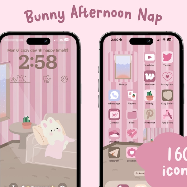 Bunny Afternoon Nap icon set, Hand drawn icons, ios and android set, homescreen theme, wallpaper, widgets, kawaii, pink, bunny, cozy, icons