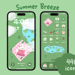 May include: Two smartphones with a green summer theme. The screens show a bunny illustration, a pond, and app icons. Text includes "Summer Breeze" and "446 icons". The design is cute and whimsical, with a fresh, summery feel.