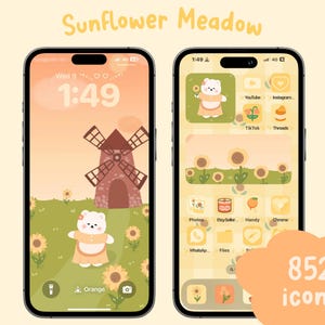 Könnte beinhalten: Ein Telefonbildschirm mit einem Sonnenblumenwiesen-Thema. Der Startbildschirm zeigt eine Cartoon-Windmühle und einen Bären auf einem Sonnenblumenfeld. Die App-Symbole sind in einem Raster mit einem Sonnenblumen-Thema angeordnet. Der Text "852 Icons" wird in einer pfirsichfarbenen Wolke angezeigt.