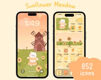 Set di icone Sunflower Meadow: tema kawaii per iOS e Android (download digitale)