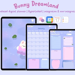 Pode incluir: Um planejador digital com um esquema de cores roxo pastel e azul. O planejador inclui um calendário, rastreadores semanais e diários, e seções de notas. O planejador é decorado com um coelho de desenho animado e nenúfares. O texto "Bunny Dreamland" está no topo do planejador.
