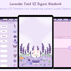May include: A digital notebook app with a lavender field theme. The app has 18 sections and 25 templates. The app includes pre-cropped PNG stickers and is hyperlinked. The app has a purple color scheme and features a cute bunny illustration.