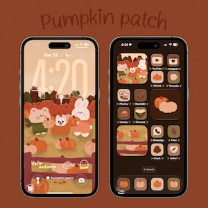 May include: Two smartphones displaying a digital theme titled pumpkin patch. The screens feature autumn-inspired illustrations of cartoon animals in a pumpkin field, with custom app icons, widgets, and a warm colour palette of orange and brown.
