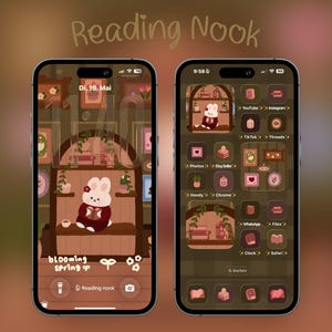 May include: Two smartphones displaying a custom digital interface with a Reading Nook theme. The screens feature a brown and pink color palette, a cartoon rabbit character reading a book, and various app icons labeled with text like YouTube and Instagram.