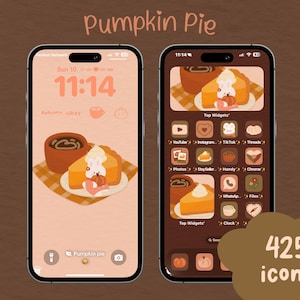 May include: Two smartphones with a warm autumn theme. One shows a lock screen with a pumpkin pie and coffee. The other displays app icons with a similar design. The image includes the text "Pumpkin Pie" and "425 icons".