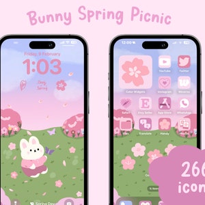 Conjunto de iconos Bunny Spring Picnic, iconos dibujados a mano, conjunto ios y android, tema de pantalla de inicio, fondo de pantalla, widgets, kawaii, primavera, conejito, iconos