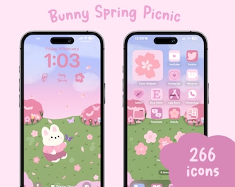 Conjunto de iconos Bunny Spring Picnic, iconos dibujados a mano, conjunto ios y android, tema de pantalla de inicio, fondo de pantalla, widgets, kawaii, primavera, conejito, iconos