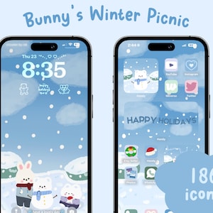 May include: A blue and white phone screen with a winter-themed design. The screen shows a clock with the time 8:35, a cartoon bunny wearing a scarf and hat, and a snowman. The text "Happy Holidays" is displayed on the screen. The phone has 186 icons.
