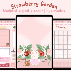 Strawberry Garden Undated Digital Planner, Kawaii Digital Planner, Ipad Digital Planner, Goodnotes planner, pink, Aesthetic Planner, Kawaii