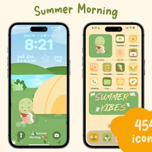 May include: Two smartphones with summer-themed home screens. One shows a camping scene with a turtle and the text "Summer Morning". The other displays app icons, the text "Summer Vibes" and "454 icons".
