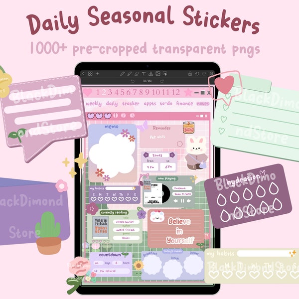 Cute Daily Seasonal stickers, pre-cropped, transparent pngs, planner widgets, planner stickers, goodnotes stickers, cute stickers, kawaii