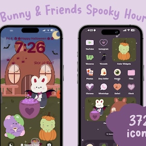 Puede incluir: Una pantalla de iPhone morada y blanca con un conjunto de iconos de temática de Halloween. Los iconos presentan conejos de dibujos animados y otros animales vestidos con disfraces. La pantalla muestra la hora 7:26 y el texto "Trick or Treat". El teléfono tiene un total de 372 iconos.