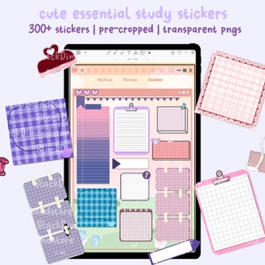 Cute study essential stickers, pre-cropped, study notes, transparent pngs, planner stickers, goodnotes stickers, kawaii stickers