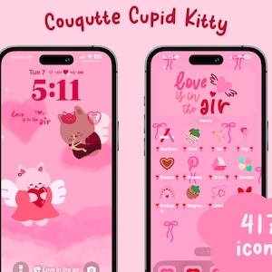 Op de afbeelding: Een roze en wit telefoonscherm met een roze en wit cartoon cupido-katje dat een hart vasthoudt. Het scherm zegt "Love is in the air" en "417 icons".