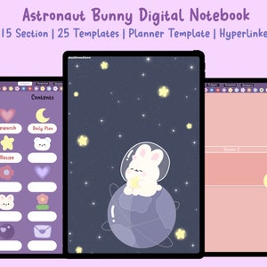 Astronaut Bunny Hyperlänkad Digital Anteckningsbok, Planerare & Journal, Mörkt Läge, Lila Mallar, Förbeskurna Klistermärken, Goodnotes