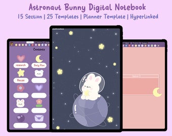 Astronaut Bunny hyperlinked digitaal notitieboekje, planner & dagboek, donkere modus, paarse sjablonen, voorgesneden stickers, Goodnotes