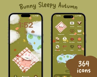 Sleepy Bunny Autumn Icon Set: kawaii-thema, iOS en Android (digitale download)