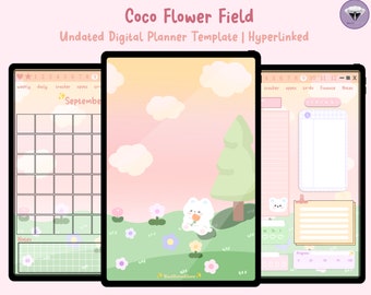 Flower Field Undated Digital Planner, Kawaii Hyperlinked Template (Digital Download)