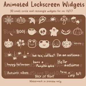 May include: A brown background with white illustrations of 30 animated Halloween and autumn themed icons for use as lock screen widgets on iOS devices. The icons include pumpkins, ghosts, spiders, leaves, acorns, and more. The text "Animated Lockscreen Widgets" and "30 small circle and rectangle widgets for iOS 16/17" is at the top of the image. The text "Trick or Treat" is at the bottom of the image.
