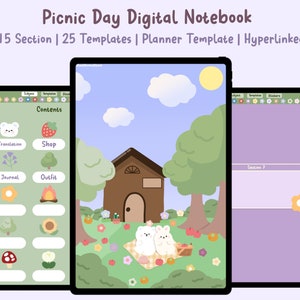 Picknickdag Hyperlänkad digital anteckningsbok, planerare och journal, gröna mallar, förbeskurna klistermärken, Goodnotes