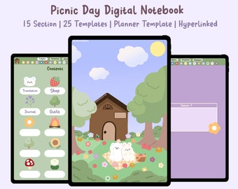 May include: A digital planner template for a picnic day with 15 sections and 25 templates. The template features a cute cartoon illustration of a picnic scene with two bears, a house, and trees. The template is hyperlinked and includes a table of contents with sections like "Translation", "Shop", "Journal", and "Outfit".