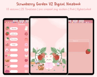 May include: A digital notebook app interface with a pink background and a strawberry garden theme. The app has 18 sections and 25 templates. The interface includes a contents page with a list of sections, a page with a strawberry plant and a bunny, and a page with a section for notes.
