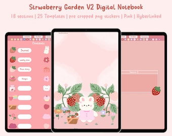 Strawberry Garden Hyperlinked Digital Notebook V2, Planner & journal, png stickers, pink Templates, pre-cropped Stickers, Goodnotes, pink